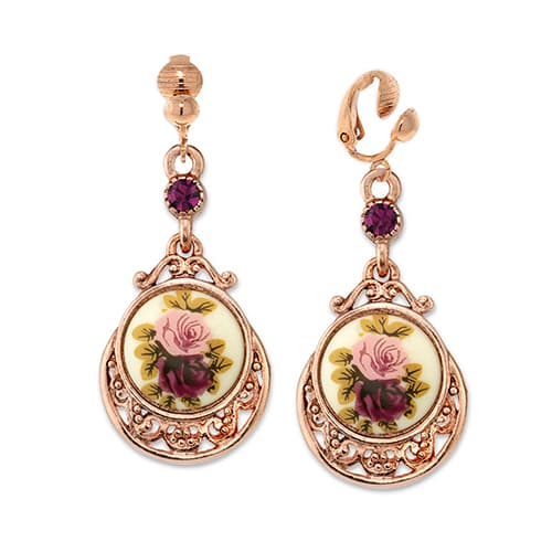 1928 Rose Gold-Tone Purple Crystal Flower Drop Clip On Earrings - image 