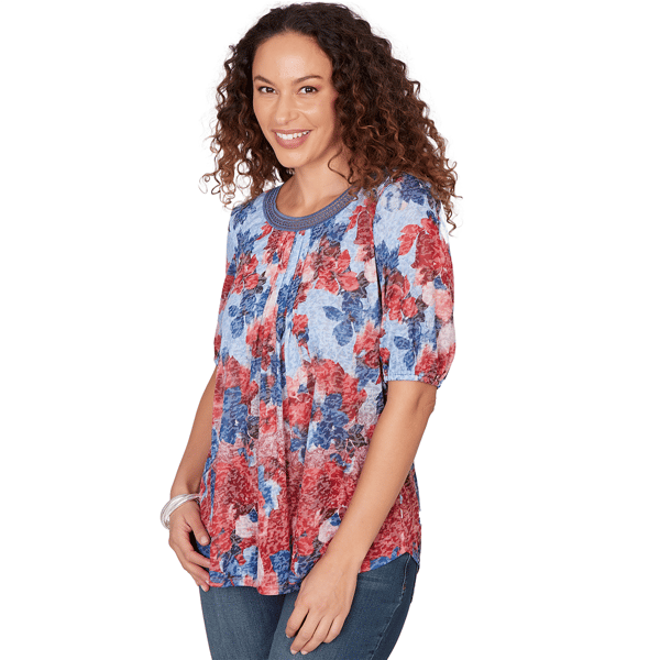 Womens Ruby Rd. French Riviera Pleated Floral Lace Trim Blouse