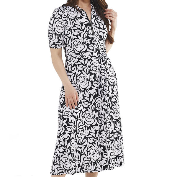 Womens MSK Elbow Sleeve Print ITY Half Zip Midi Dress