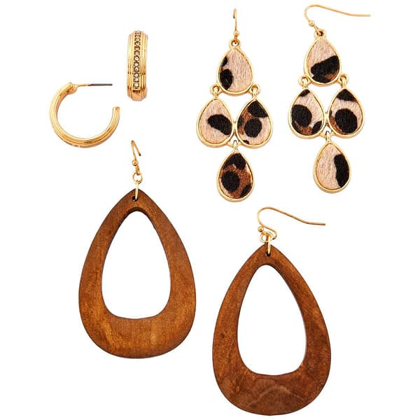 Ashley 3pr. Gold Hoops/Wooden Teardrops/Leopard Drop Earrings - image 