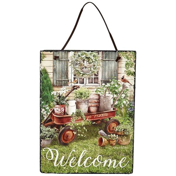 Vintage Garden Wagon Slate Hanger - image 