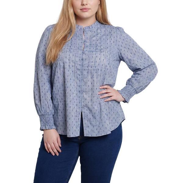 Plus Size NY Collection Long Sleeve Chambray Embroidered Bf Ruff - image 