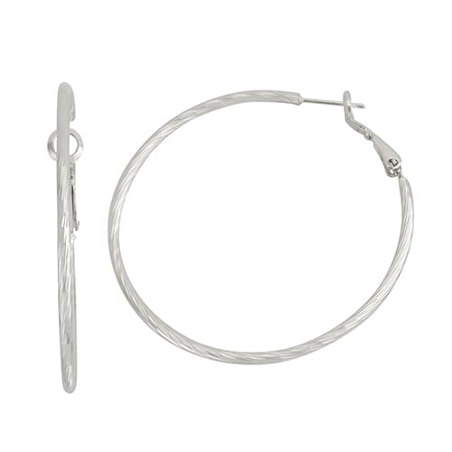 Rhodium Plated Twisted Diamond Cut Hoop Earrings