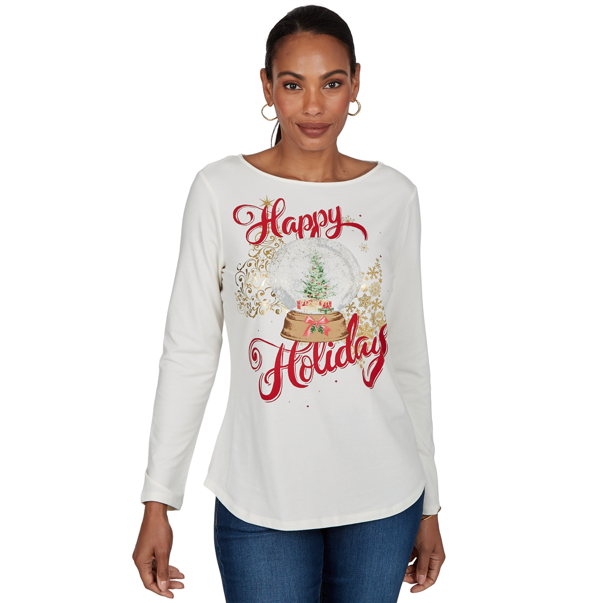 Petite Ruby Rd. Happy Holidays Long Sleeve Snow Globe Tee