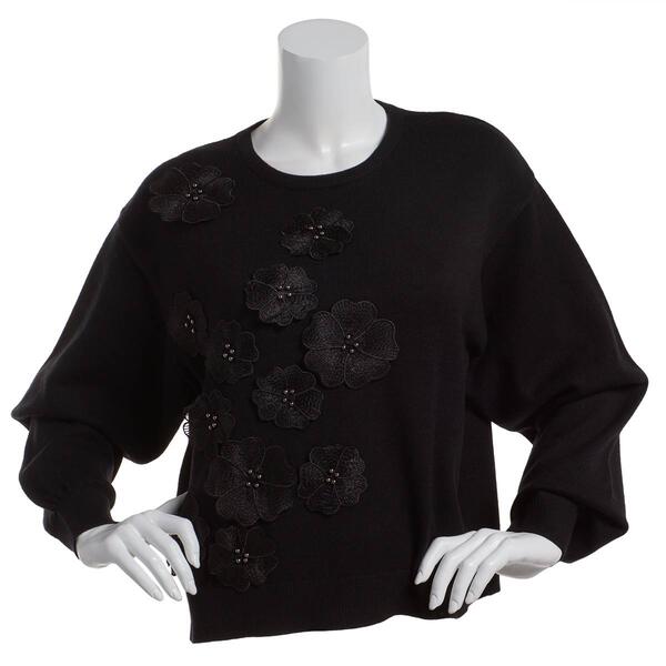 Womens Nicole Miller Long Sleeve 3D Floral Crew Neck Sweater - image 