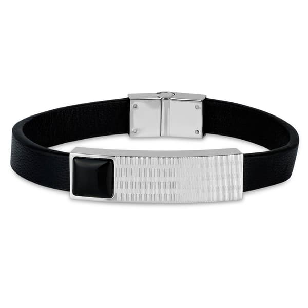 Mens Forever New Stainless Steel & Leather Black Agate Bracelet - image 