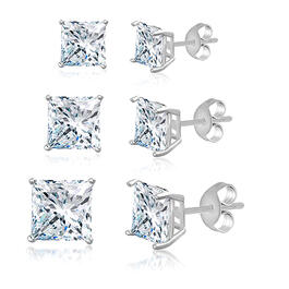3pc. Sterling Silver Square Cubic Zirconia Stud Earrings