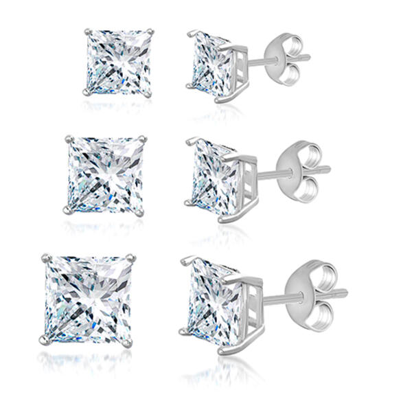 3pc. Sterling Silver Square Cubic Zirconia Stud Earrings - image 