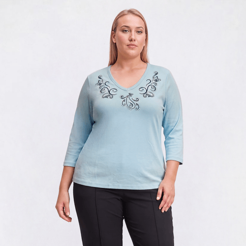 Plus Size Hasting & Smith 3/4 Sleeve Paisley Embroider V Neck Tee - image 