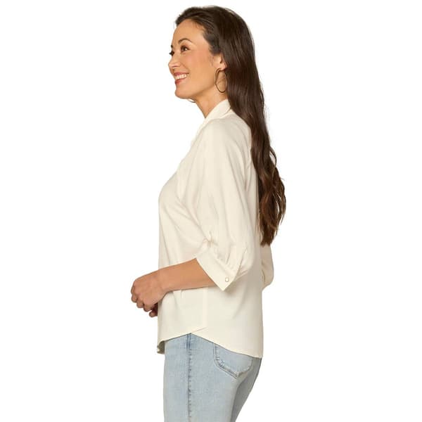 Petite Democracy Elbow Sleeve V Neck Snap Front Woven Blouse