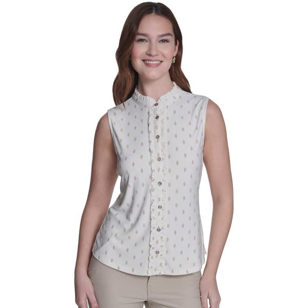 Womens Tommy Hilfiger Sleeveless Ruffle Button Front Dot Top