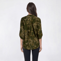Womens Notations 3/4 Sleeve Paisley Pleated Henley Blouse