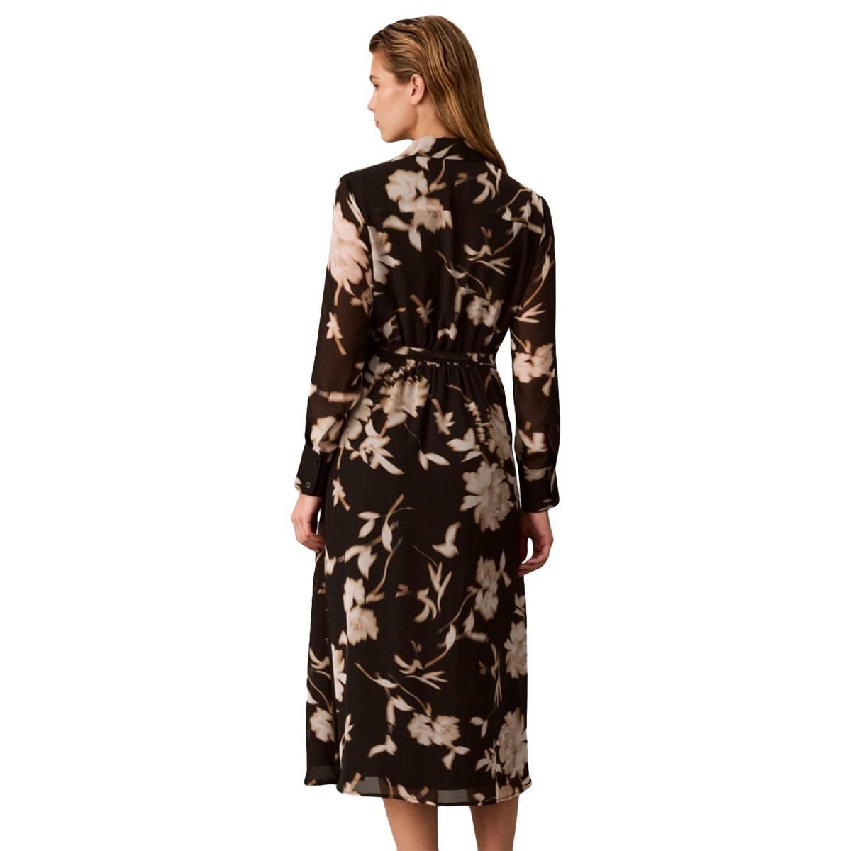 Womens Calvin Klein Long Sleeve Tie Waist Floral Shirtdress