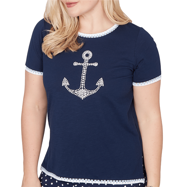 Petite Alfred Dunner Port Side 3/4 Sleeve Pearl Anchor Blouse