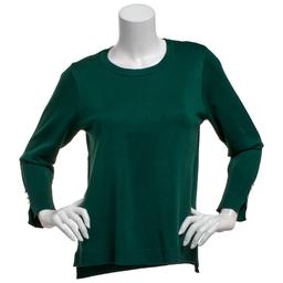 Plus Size Retrology Crew Neck Button Sleeve Side Slit Sweater