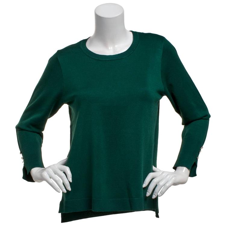 Plus Size Retrology Crew Neck Button Sleeve Side Slit Sweater
