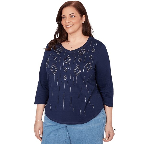 Plus Size Alfred Dunner Austin Rhinestone Diamond V Neck Blouse