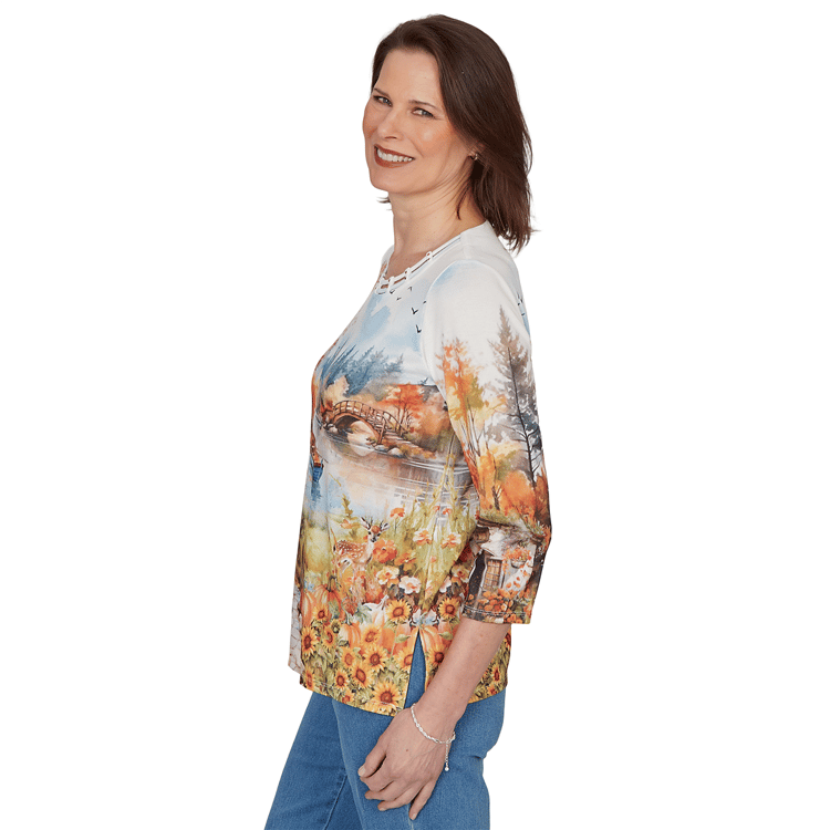 Womens Alfred Dunner Classics Autumn Lake Scene Blouse