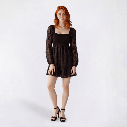 Juniors Jolt Long Sleeve Chiffon Burnout Jacquard A-Line Dress - image 