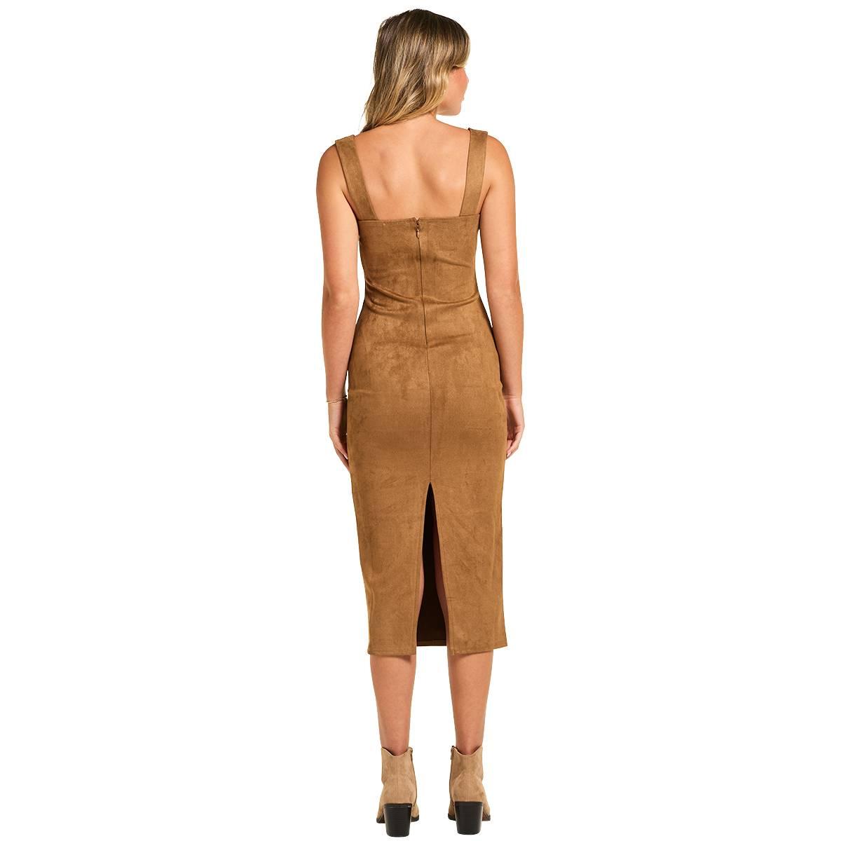 Juniors Derek Heart Knit Suede Square Neck Stud Trim Midi Dress