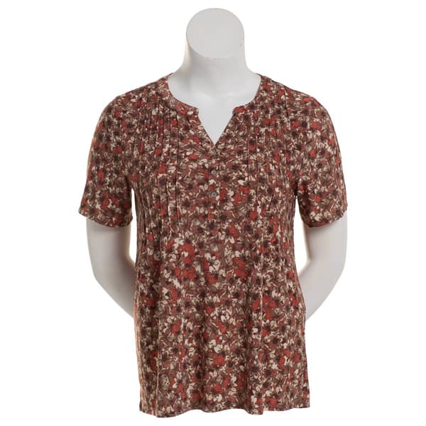 Plus Size Napa Valley Short Sleeve Camo Floral Knit Henley Blouse - image 