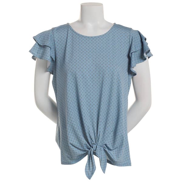 Womens Adrianna Papell Tiered Flutter Sleeve Tie Front Dot Blouse