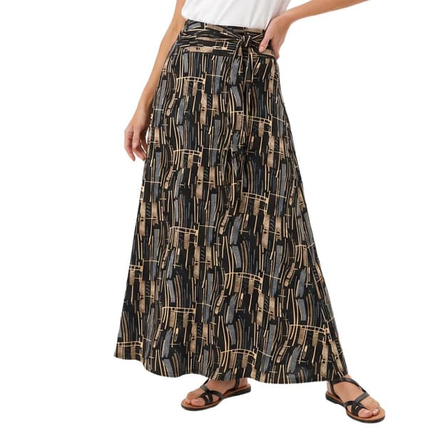 Petite NY Collection Tie Waist Brown Wave Maxi Skirt - image 