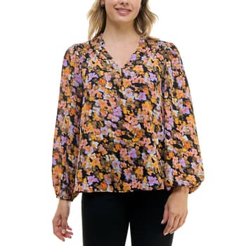 Petite Zac & Rachel Long Sleeve Floral Crepe Split Neck Blouse - Boscov's