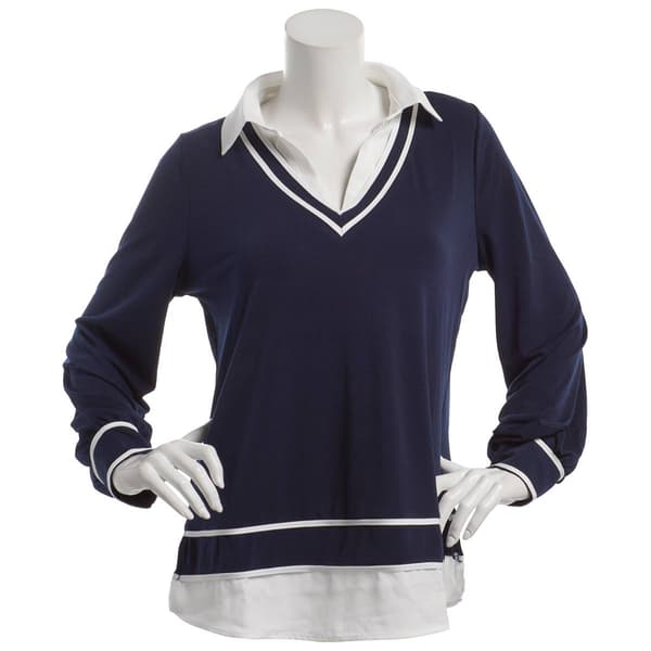 Womens Adrianna Papell Long Sleeve Woven Collar Two in One Blouse - image 