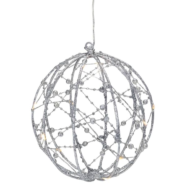8 LED Lighted Silver Wired Christmas Hanging Ball Decoration - W