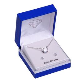 Silver-Tone Round CZ Bezel Necklace & Earrings Set