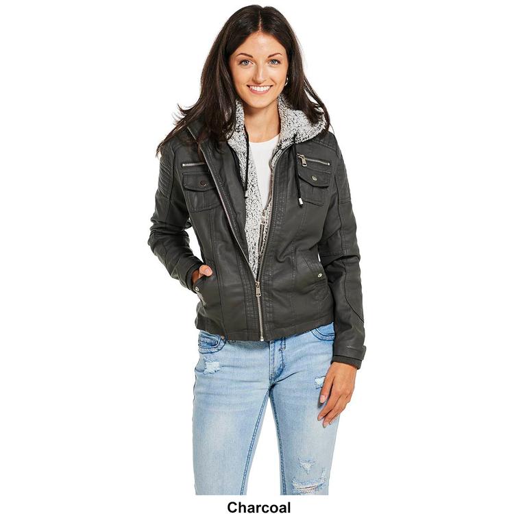 Juniors Snobbish 2Fer Faux Leather Jacket with Sherpa Hood