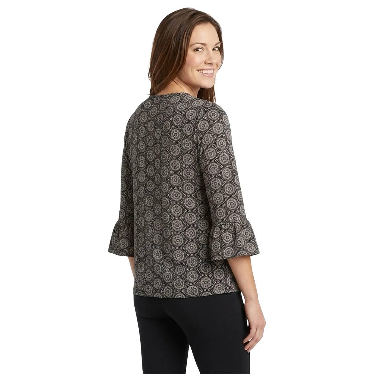 Plus Size Notations 3/4 Ruffle Sleeve Medallion Hacci Blouse