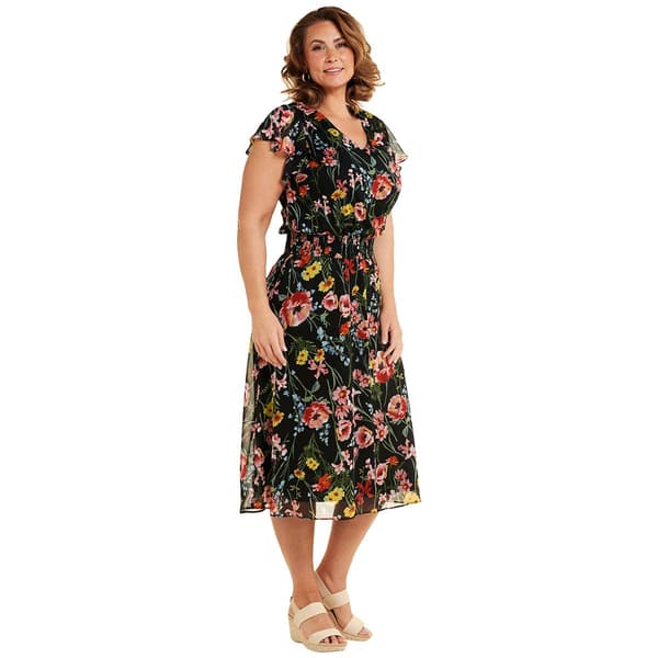 Plus Size MSK Flutter Sleeve V Neck Floral Chiffon Midi Dress