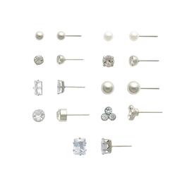 Ashley 9pr. Silver Crystal & Pearl Multi Stud Earrings Set