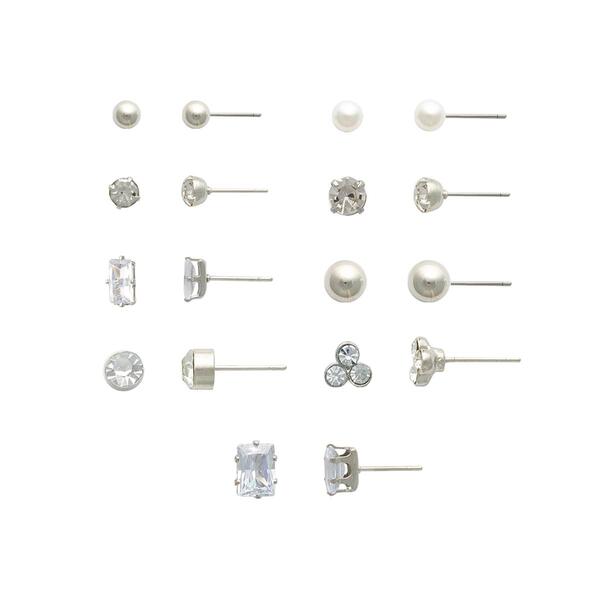 Ashley 9pr. Silver Crystal & Pearl Multi Stud Earrings Set - image 
