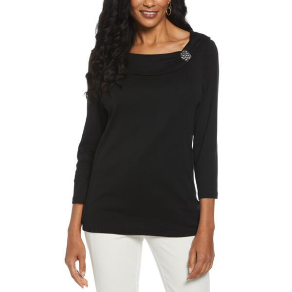 Petite Ella Rafaella&#40;R&#41; 3/4 Sleeve Solid Marilyn Top with Brooch - image 