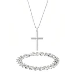 Mens Lynx Stainless Steel Curb Chain Cross Pendant & Bracelet Set