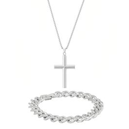 Mens Lynx Stainless Steel Curb Chain Cross Pendant & Bracelet Set