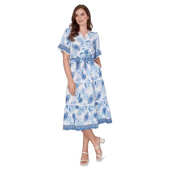 Petite Ruby Rd. French Riviera Floral Toile Tiered Midi Dress