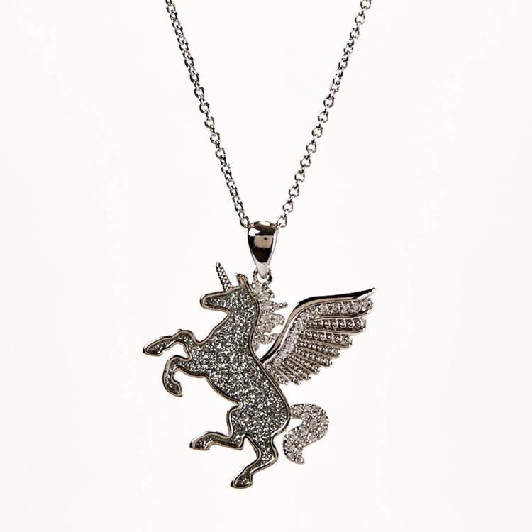 18in. Chain Silver Plated Glitter Paper Unicorn Pendant