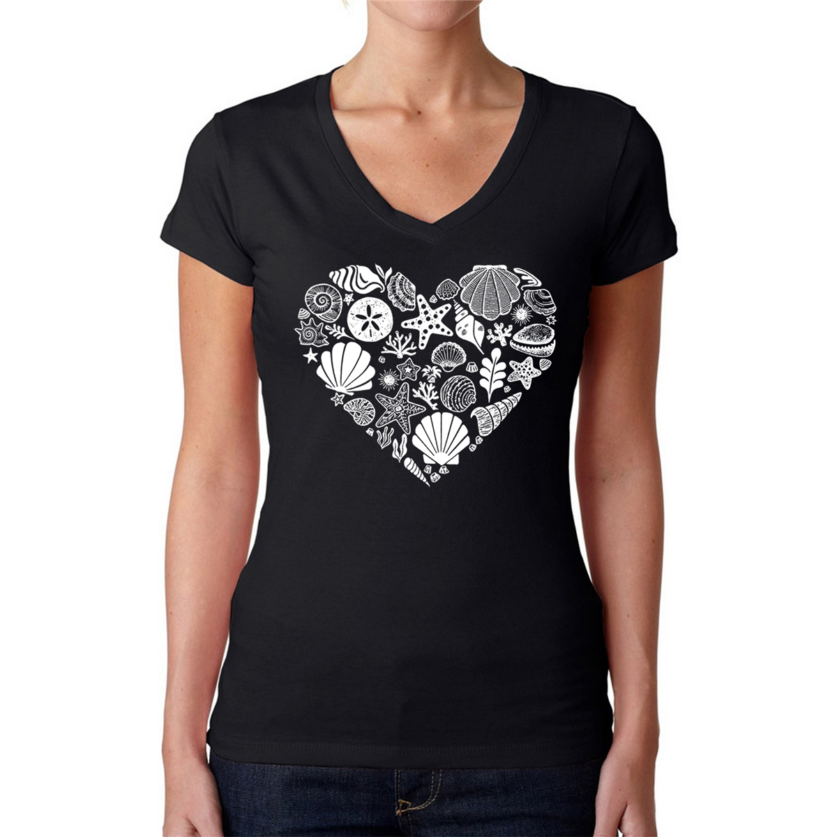 Womens LA Pop Art Sea Shells Word Art V-Neck T-Shirt