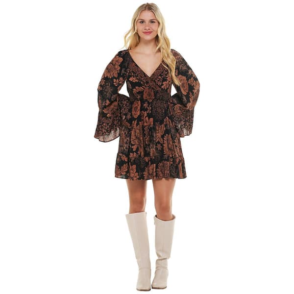Juniors Angie Long Sleeve Floral Surplice Mini A-Line Dress