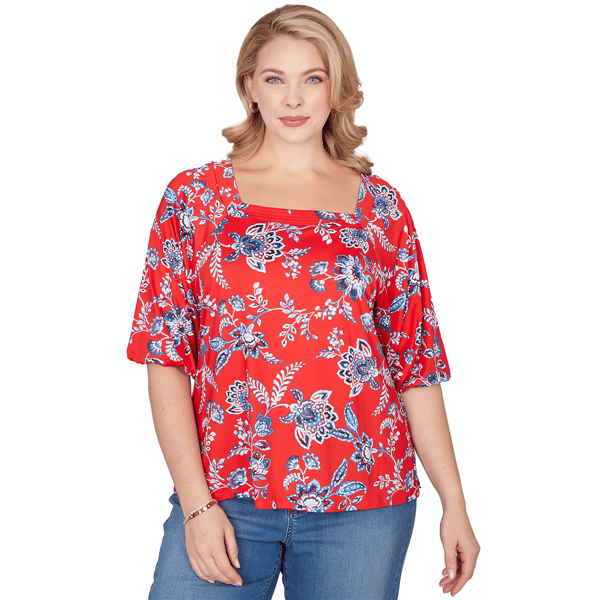 Plus Size Ruby Rd. French Riviera Square Neck Floral Blouse - image 