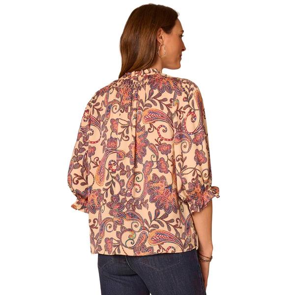 Womens Democracy 3/4 Smock Sleeve Floral Paisley Tie Neck Blouse