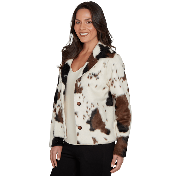 Womens Skye''s the Limit Wild Romance Cow Print Faux Fur Jacket