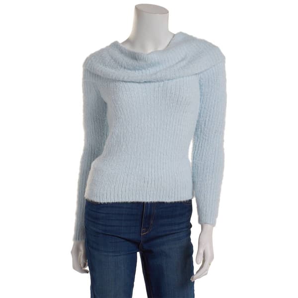 Juniors Pink Rose Off the Shoulder Sparkle Fuzzy Feather Sweater - image 