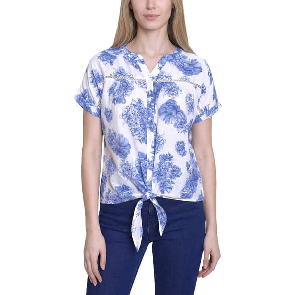 Petite NY Collection Short Sleeve Tuwa Split Neck Button Front T - image 