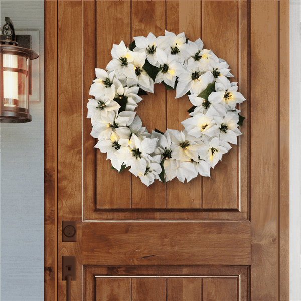 Puleo International 24in. Pre-Lit White Poinsettia Wreath