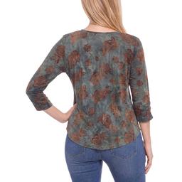 Womens NY Collection 3/4 Ruch Sleeve Brown Floral Blouse